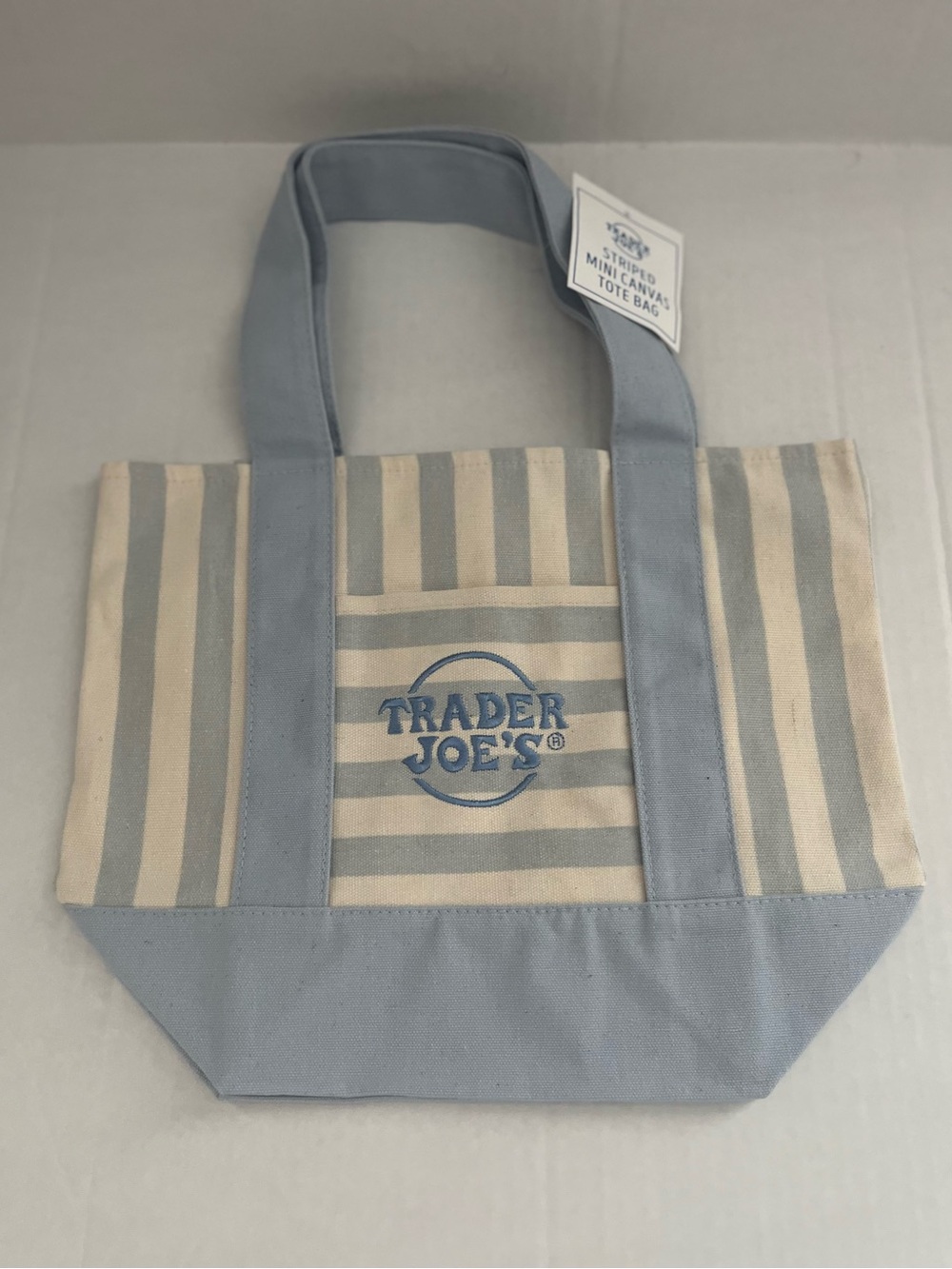 NWT Trader Joe's Small Striped Tote Bag Blue/White 12x6x10 Polyester/Cotton